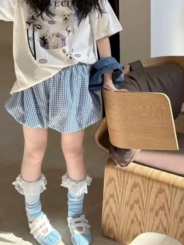 夏用チェック柄ミニスカート-0代の女の子向け-中学生向け-大型子供服店-韓国風-ハーフ丈スカートとスカートパンツ