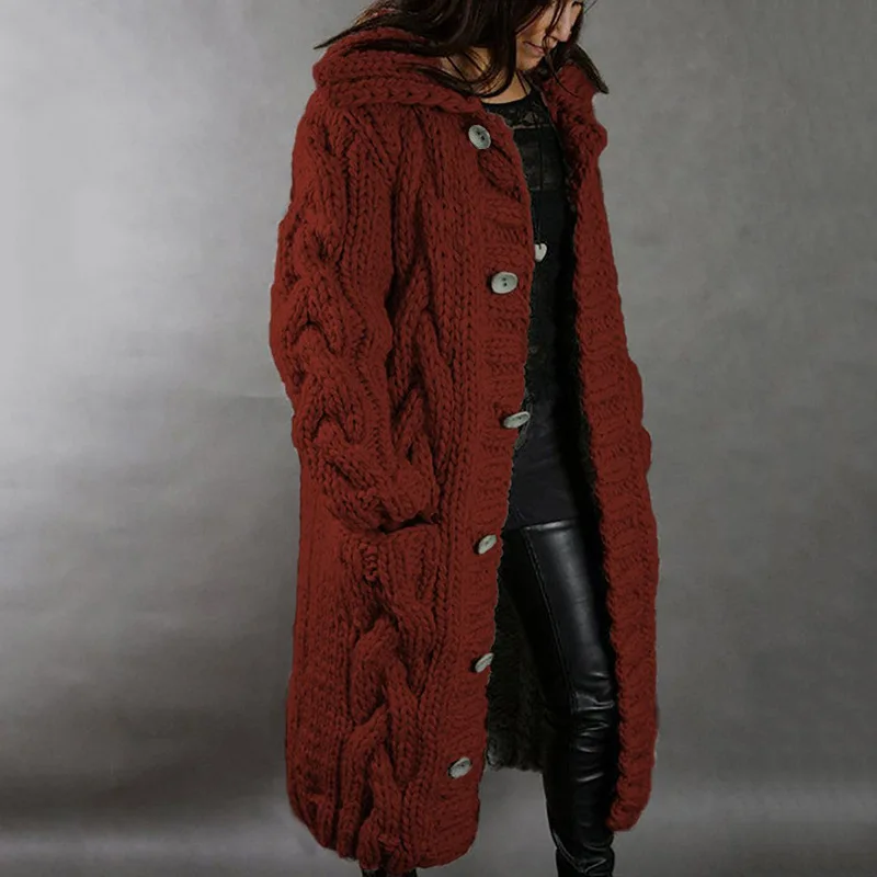 

2025 Autumn Winter New Simple Solid Color Women Sweater Jacket Fashion Hooded Long Female Knitted Cardigan