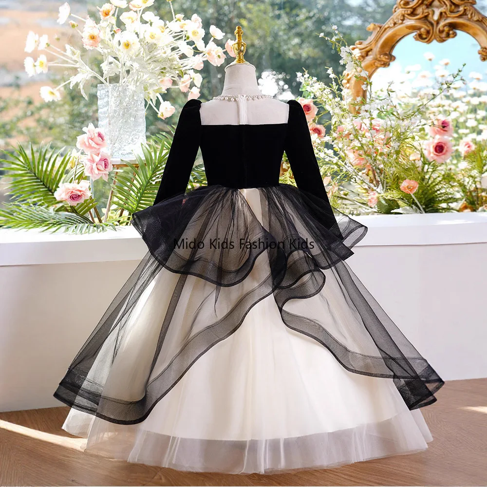 Black Luxury Children's Princess Dress Girls Winter Evening Gown Ladies Suitable Older Children Ideal Hostesses Piano Performers