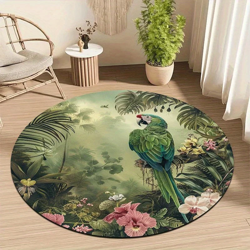 VIKAMA Round Tropical Parrot Area Rug Vintage Jungle Orchid Palm Print Soft Wear‑resistant Non‑slip Mat For Living Room Bedroom