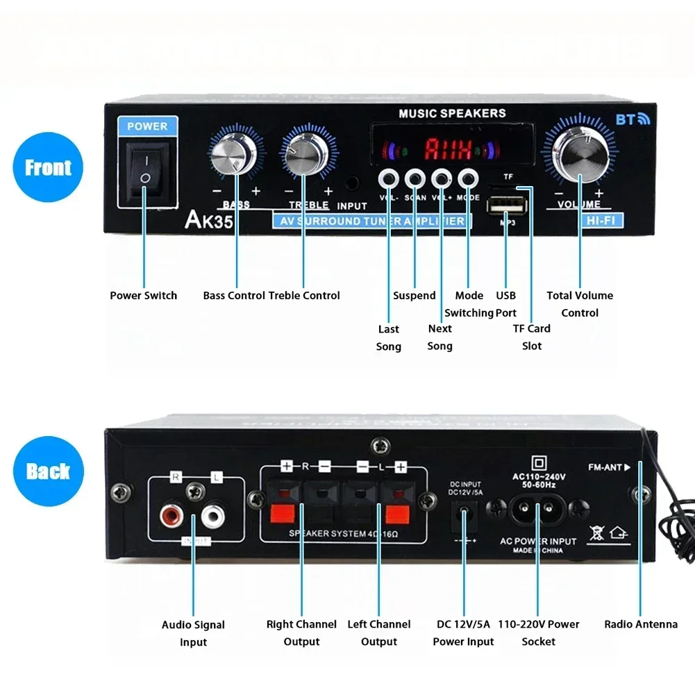 Home Power Amplifier CH 2.0 Bluetooth Bass Amp AK35 HIFI Digital Audio Amplifiers FM USB Remote 100-240V 12V