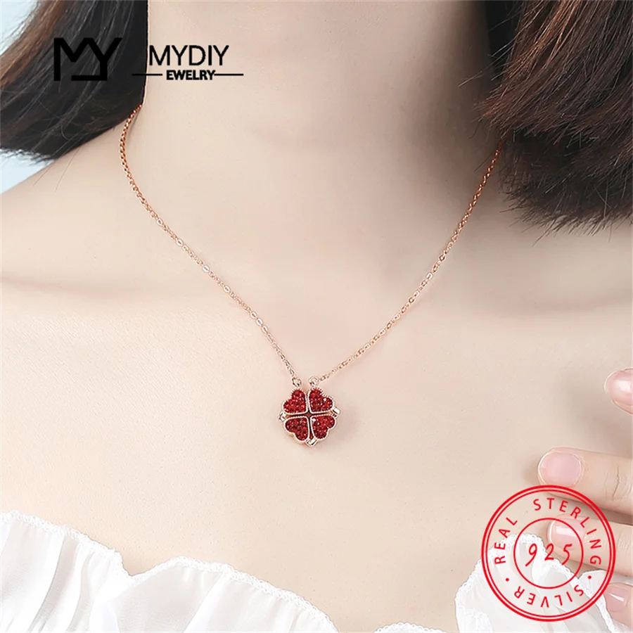 

925 Silver Four Magnet Heart Necklace Ladies Pendant Shiny Zircon Necklace Mother's Day Gift Four Heart Clover Necklace 2022 New