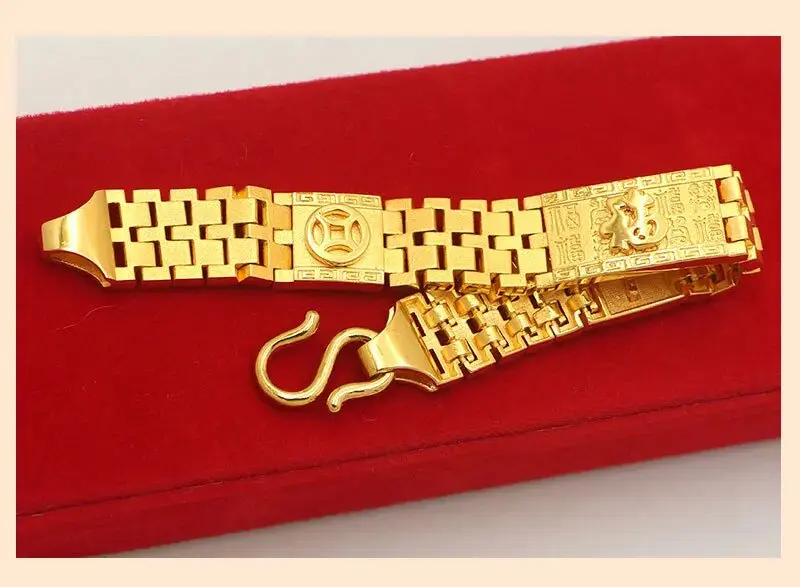 Real 18K Gold Fu Character Watch Strap Chain Bracelet Pure Open Classic Domineering Watch Chain Bangle for Men Fine Jewelry Gift