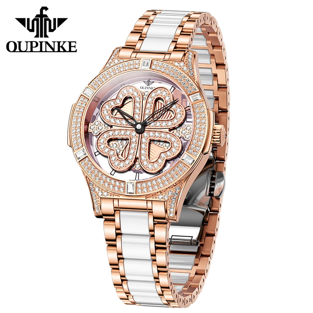 

OUPINKE Women Watches Light Luxury Rose Gold Top Brand Original Quartz Wristwatch Rotating Clover Dial Waterproof Trend Diamond
