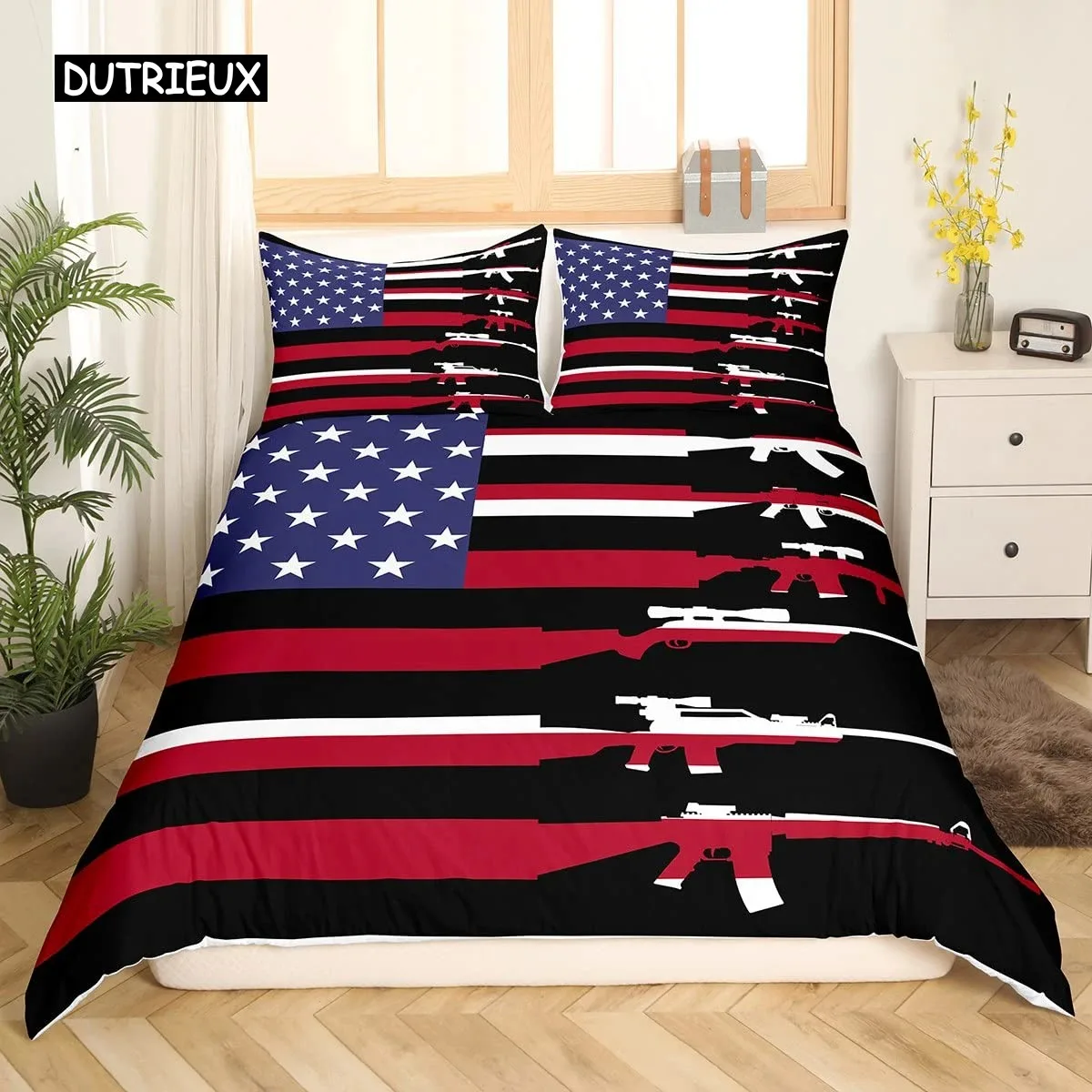 

American Flag Duvet Cover Machine Gun Comforter Cover Queen King Polyester Quilt Cover USA Federations Stars Stripe Bedding Set