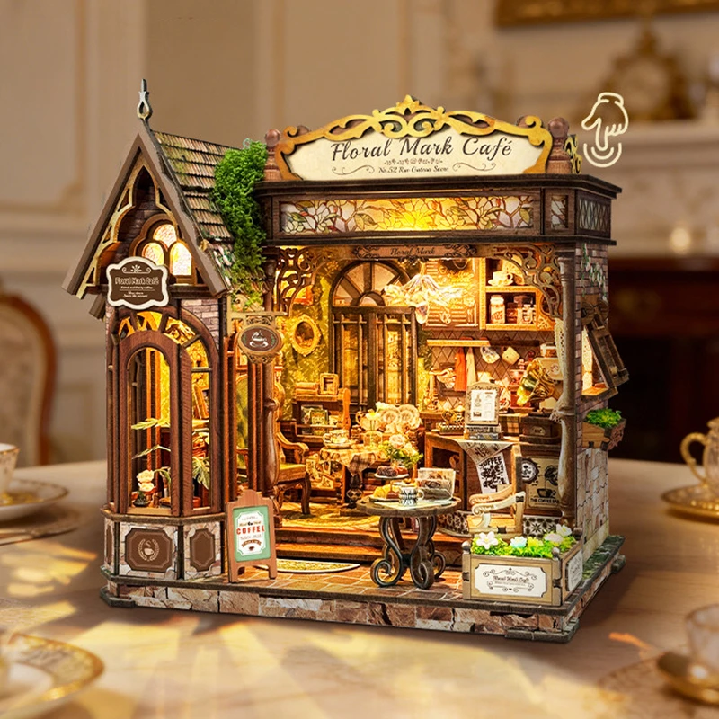 DIY Wooden Floral Mark Cafe Shop Figurines Miniatures Kits Assembled Houses Casa for Friends Birthday Gifts Home Decor Crafts view 4
