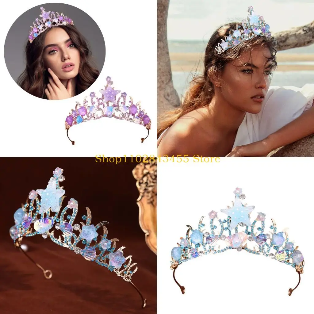 

49MC Bridal Starfishes Crowns Stylish Graceful Crowns Wedding Photo Accessory Bride Crystal Hairband Wedding Photo Props