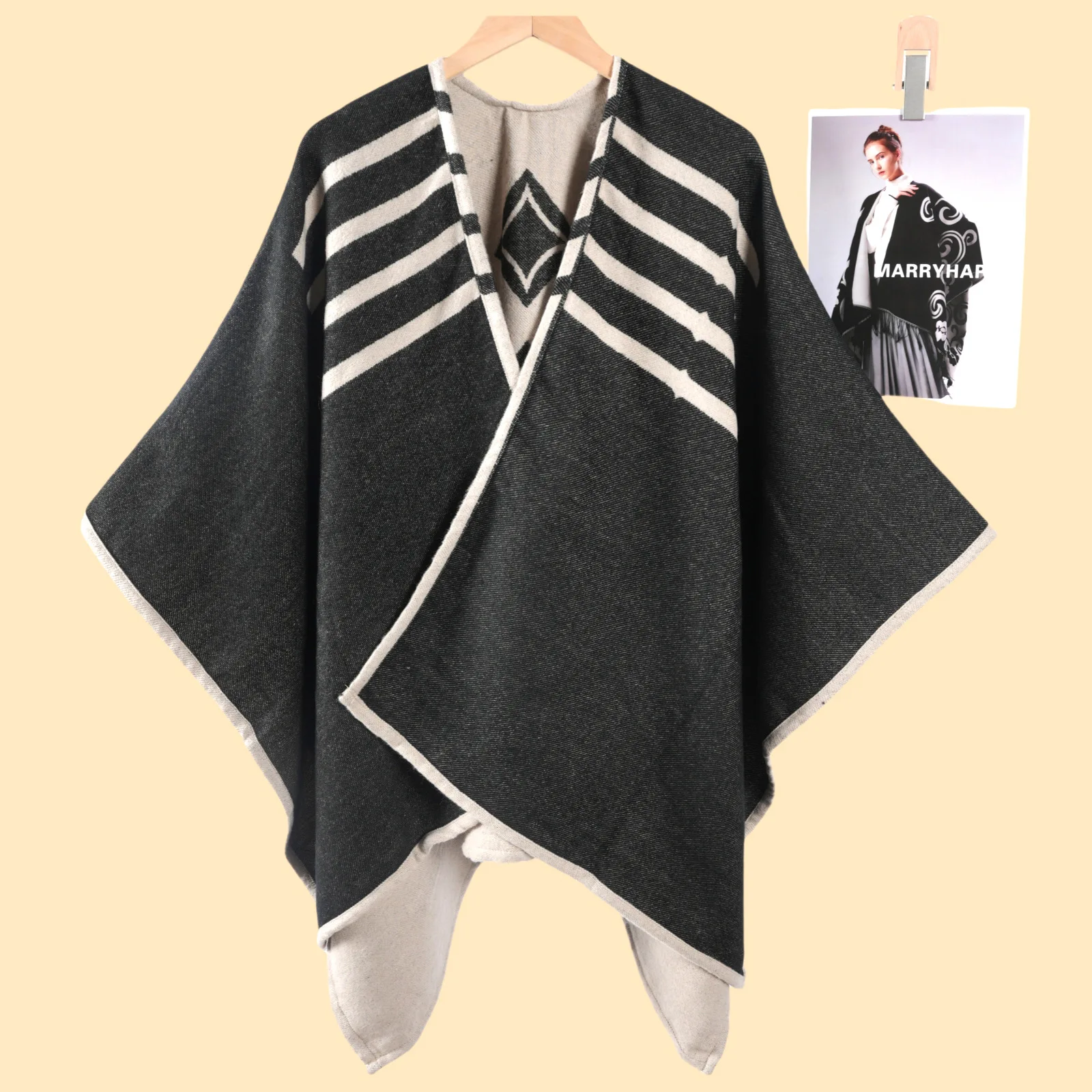 

Elegant women's striped geometric shawl cloak, all season cold proof and warm, split cape, rolled edge jacquard travel outfit