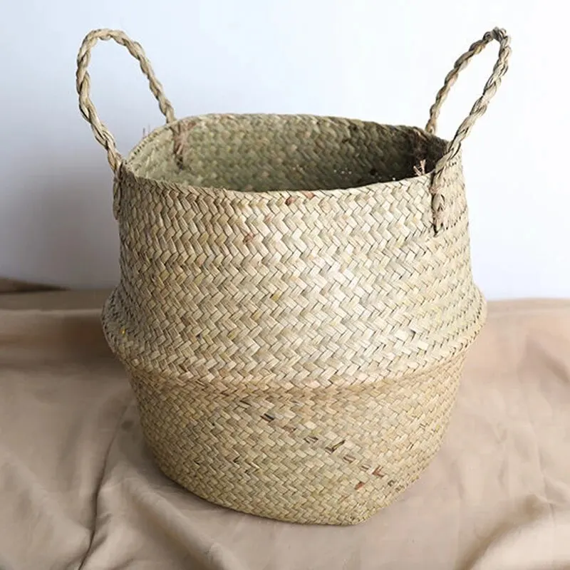 Wicker Basket Toy Organizer Folding Rattan Seagrass Storage Basket Laundry Woven Basket Plant Flower Pot For Home Garden