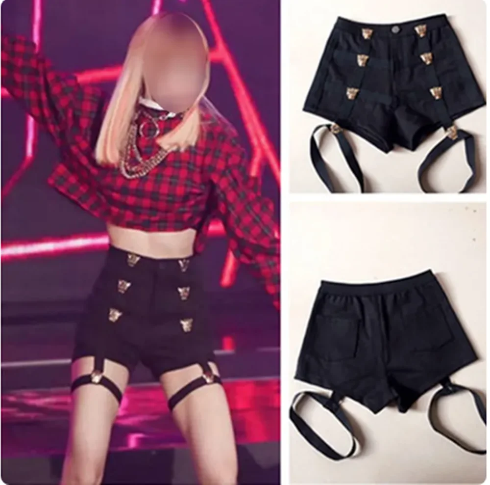 Nightclub Female Pole Dance Clothing New Leopard Head Metal Pole Dance Shorts Jazz Stage Costume Rave Clothes Black Pants