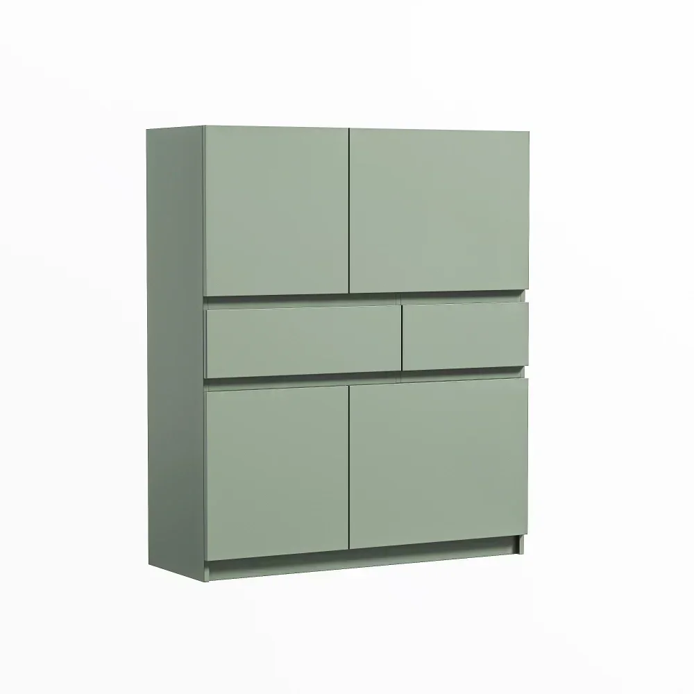 Green wooden storage cabinet with 4 doors and 2 drawers