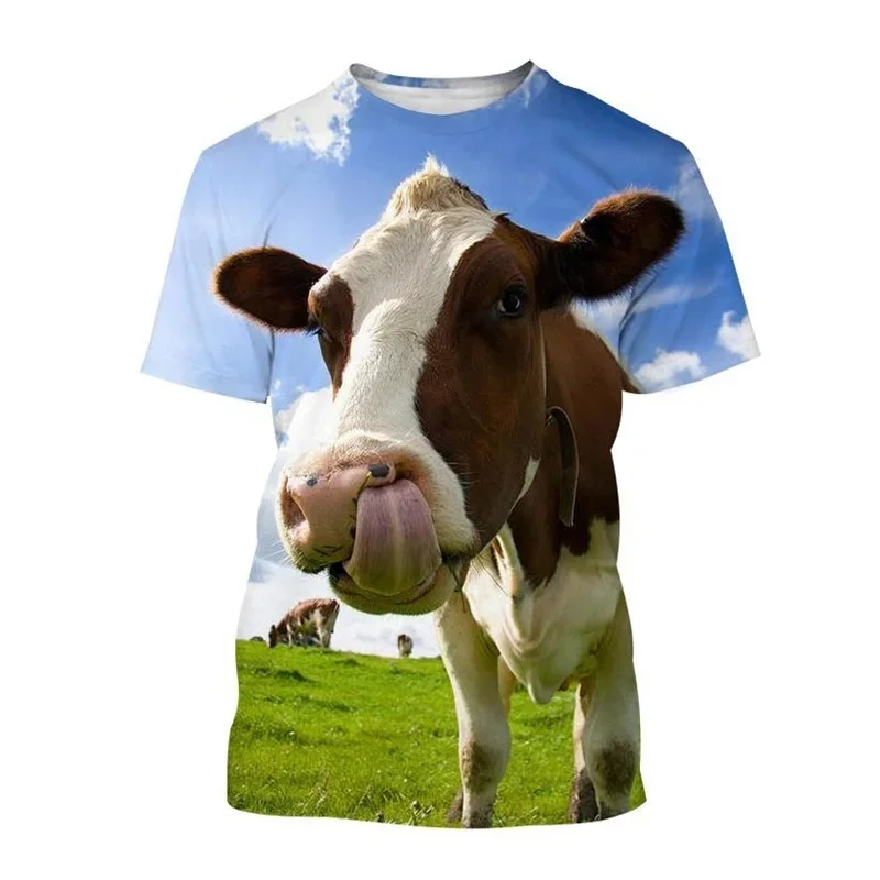 Funnny Cow Animal 3D Print T-shirt For Men Popular Outdoor Harajuku Short Sleeves Street Oversized T Shirt Male Kids Clothing