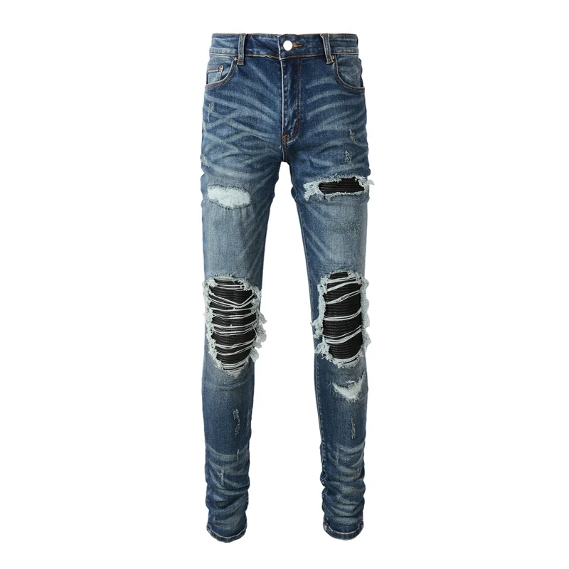 

Fashion new men's jeans washed blue elastic slim fit patchwork patch jeans designer high street trendy hip-hop brand pants hombr