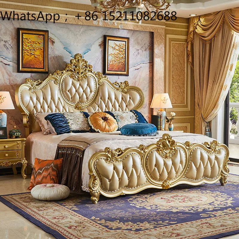 LLY leather solid wood carving flower double princess bed luxury style master bedroom wedding bed luxury bed