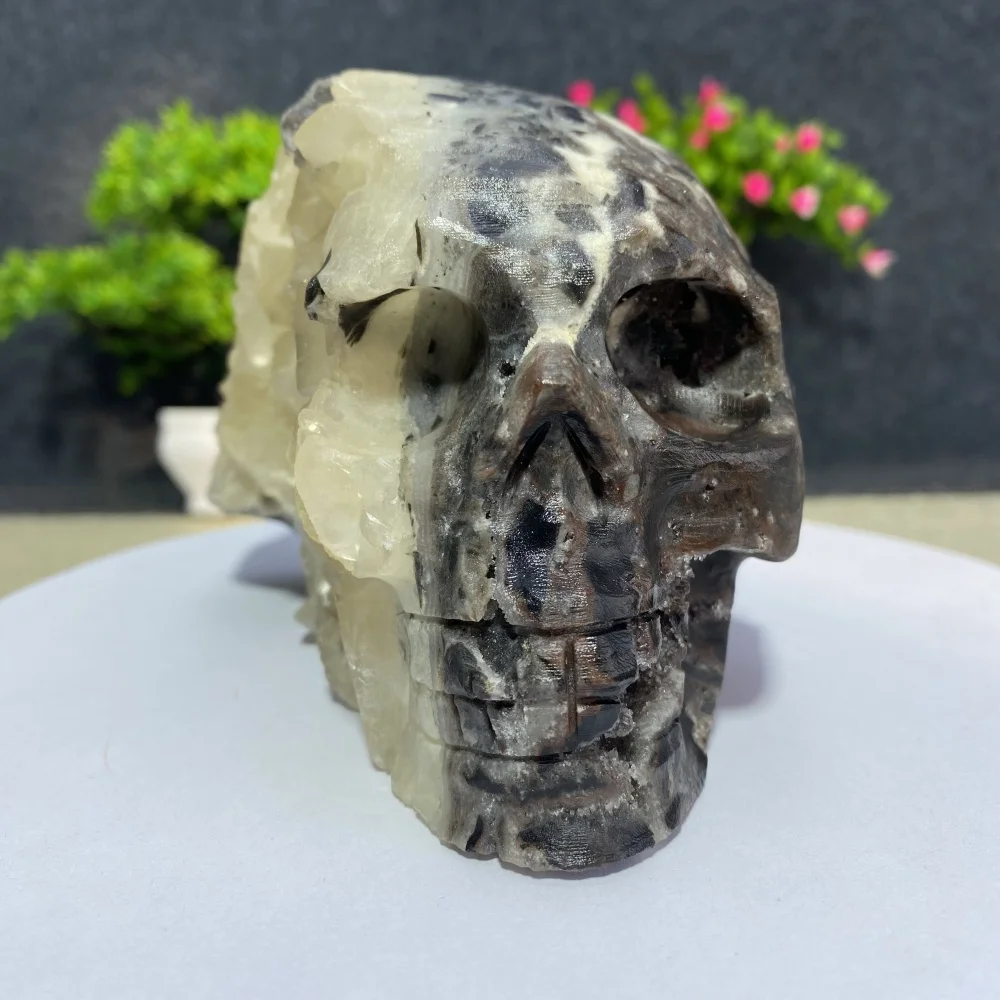 

Natural Crystal Calcite Sphalerite Skull Specimen - Hand Engraved Polished Reiki Healing Crystal Home Decorative