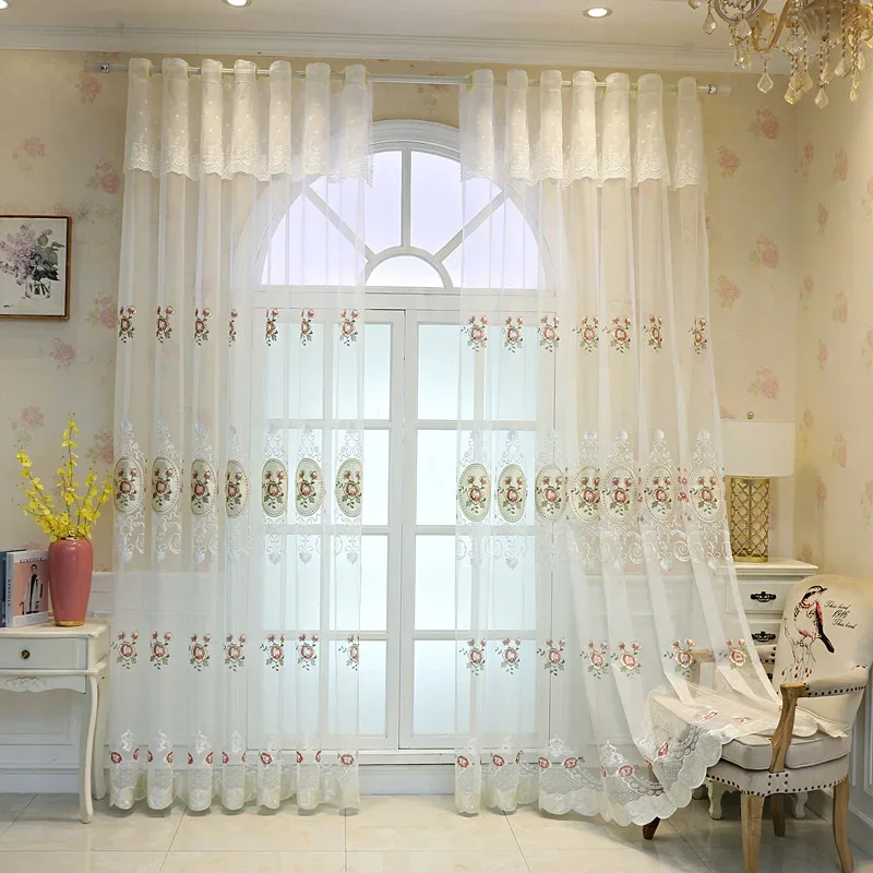 

European Style White Window Screen Curtains High-end Lace Jacquard Embroidery Living Room Bay Window