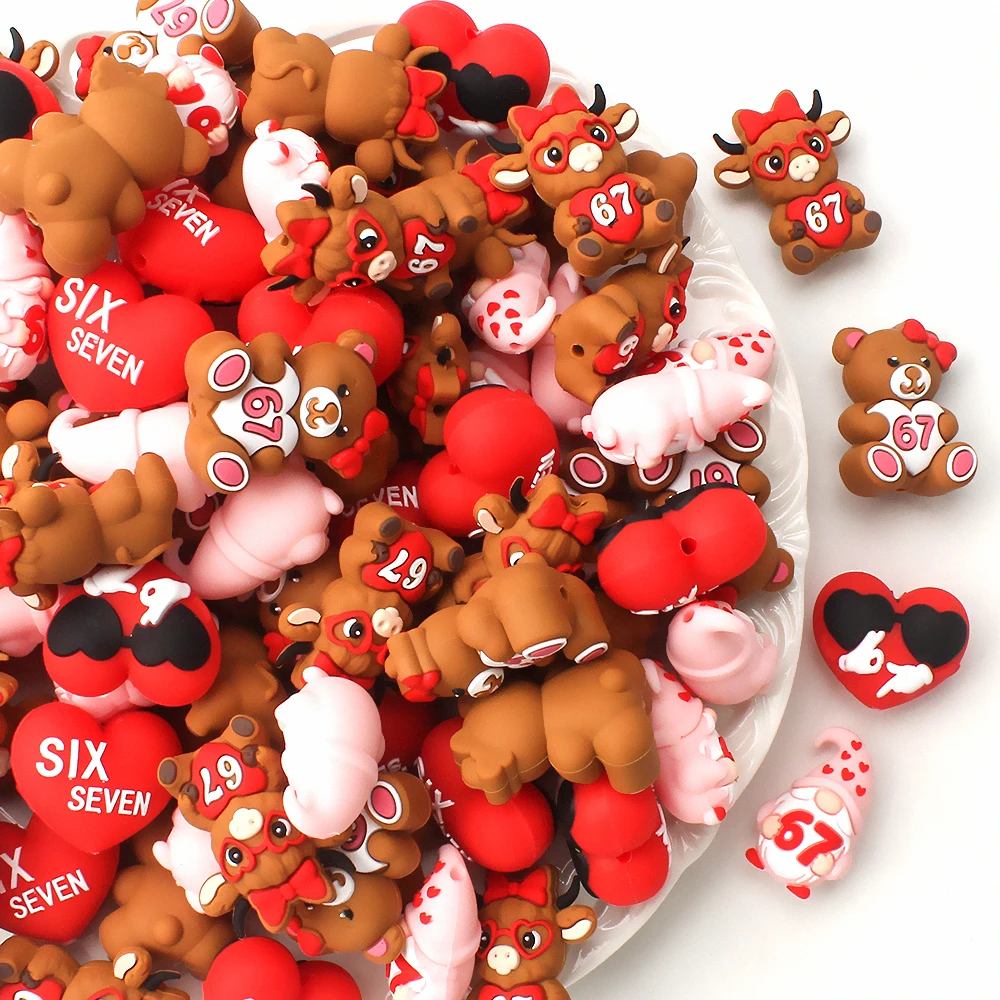 5/10/20/50pcs 3D 67 Theme Silicone Bead -Bear, Highland Cow, Dwarf & Heart Shapes Focal Beads Suitable for Jewelry Making