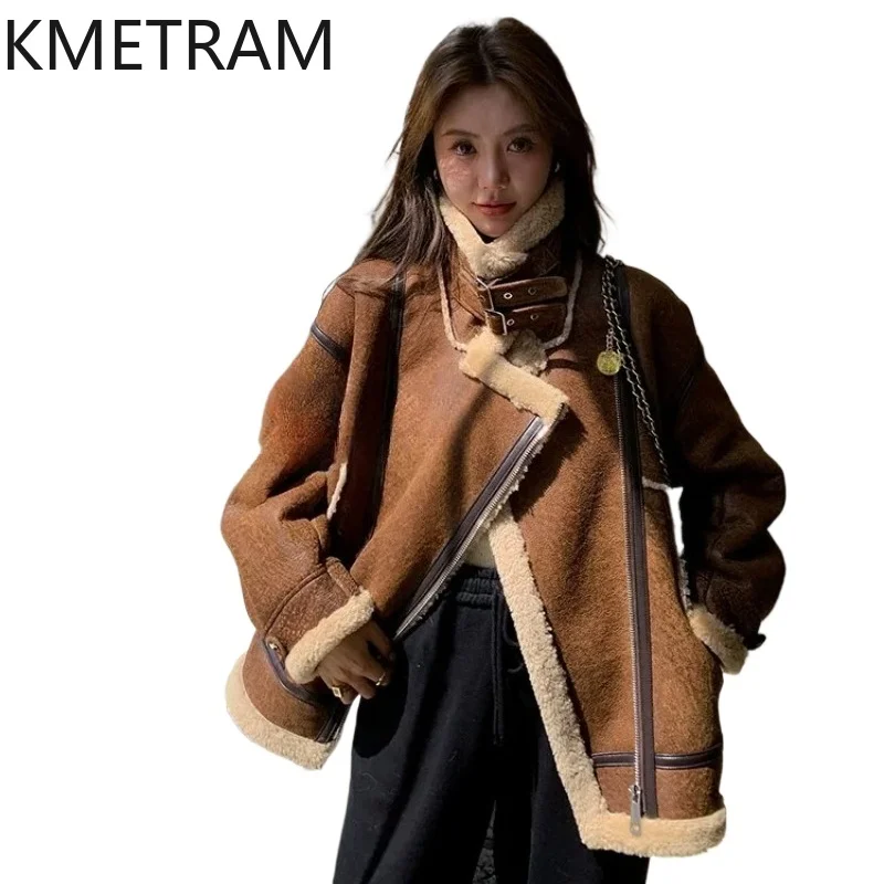 KMETRAM 100% Natural Sheepskin with Wool Attached Jacket Vintage Biker Coats Premium Real Fur Coat Woman Clothing 70cm 2026 шуба