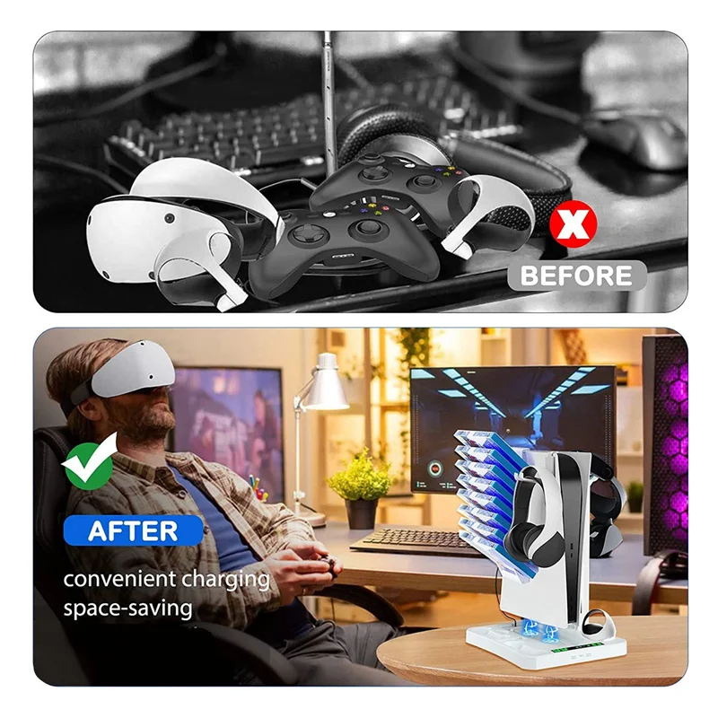 For PS VR2 PS5 Charging Station with Cooling Fan, VR Charging Display Stand with Headset and Game Storage Holder NND