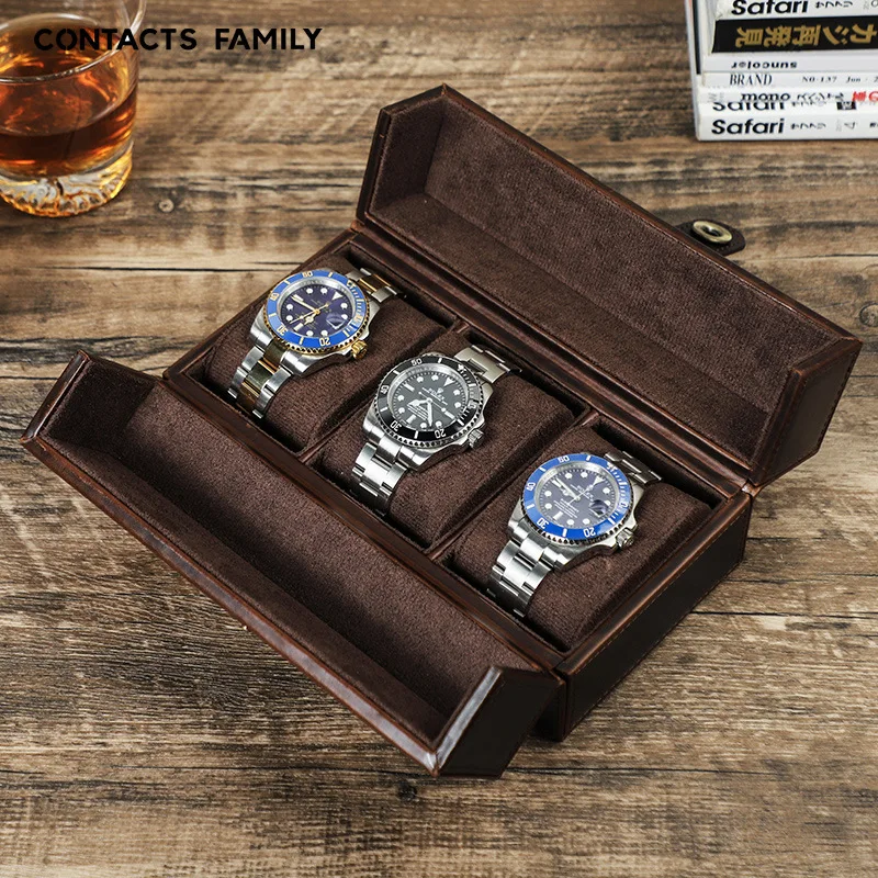 Retro Crazy Horse Leather Watch Box Three-Dimensional Square Portable Magnetic Clasp Outdoor Travel Watch Storage Case