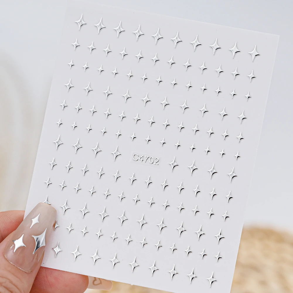 6Pcs/set Metallic Silver Mirror Star Moon Nail Sticker 3D Love Heart Starlight Adhesive Decals 10*8CM Y2K Manicure Sliders