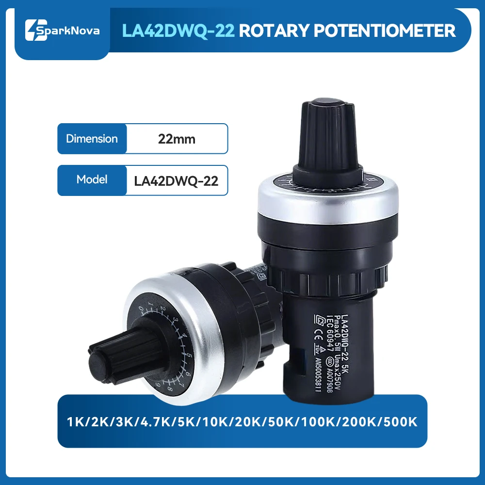 LA42DWQ-22 Rotary Potentiometer 1K 2K 5K 10K 20K 50K 100K 200K 22mm Diameter Resistance Switch for Inverter Governor Converter