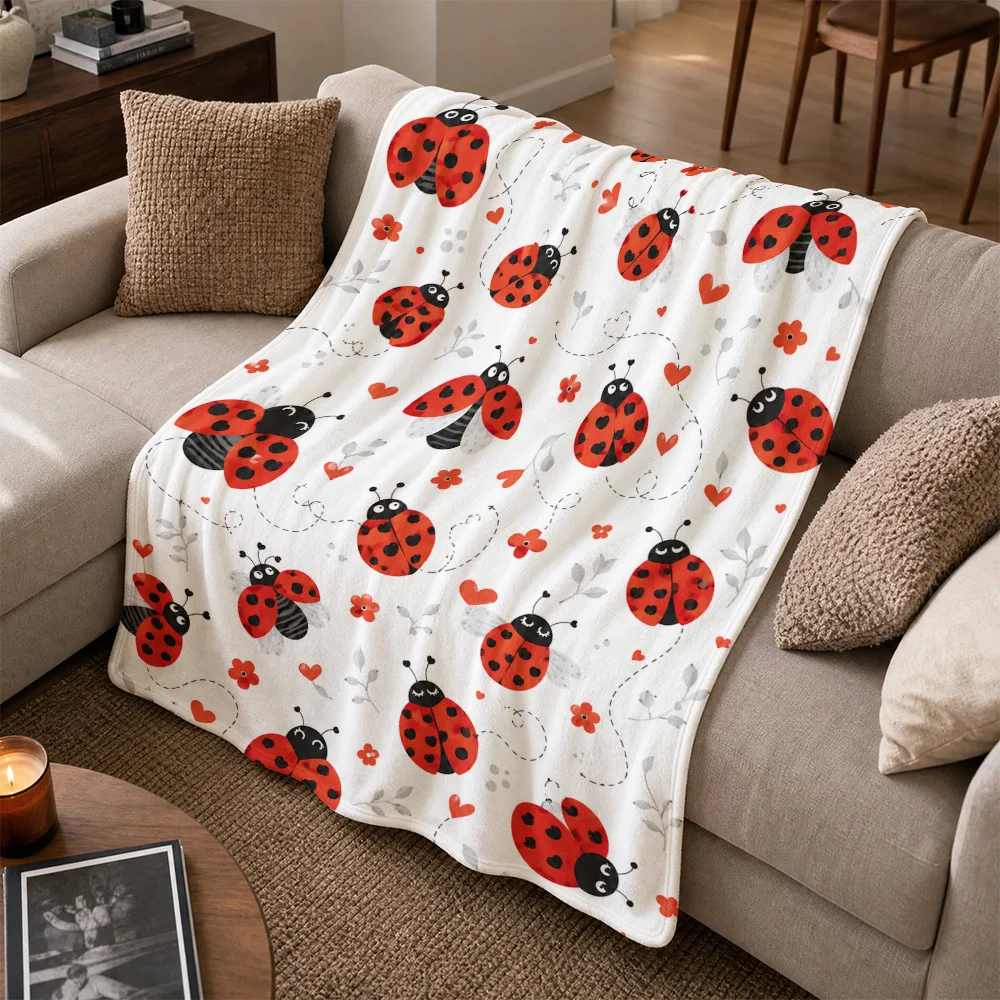 Whimsical Ladybug Print Throw Blanket for Nursery Kids Room Decor Cute Baby Cozy Throw Flannel Cotton Decorative Gift