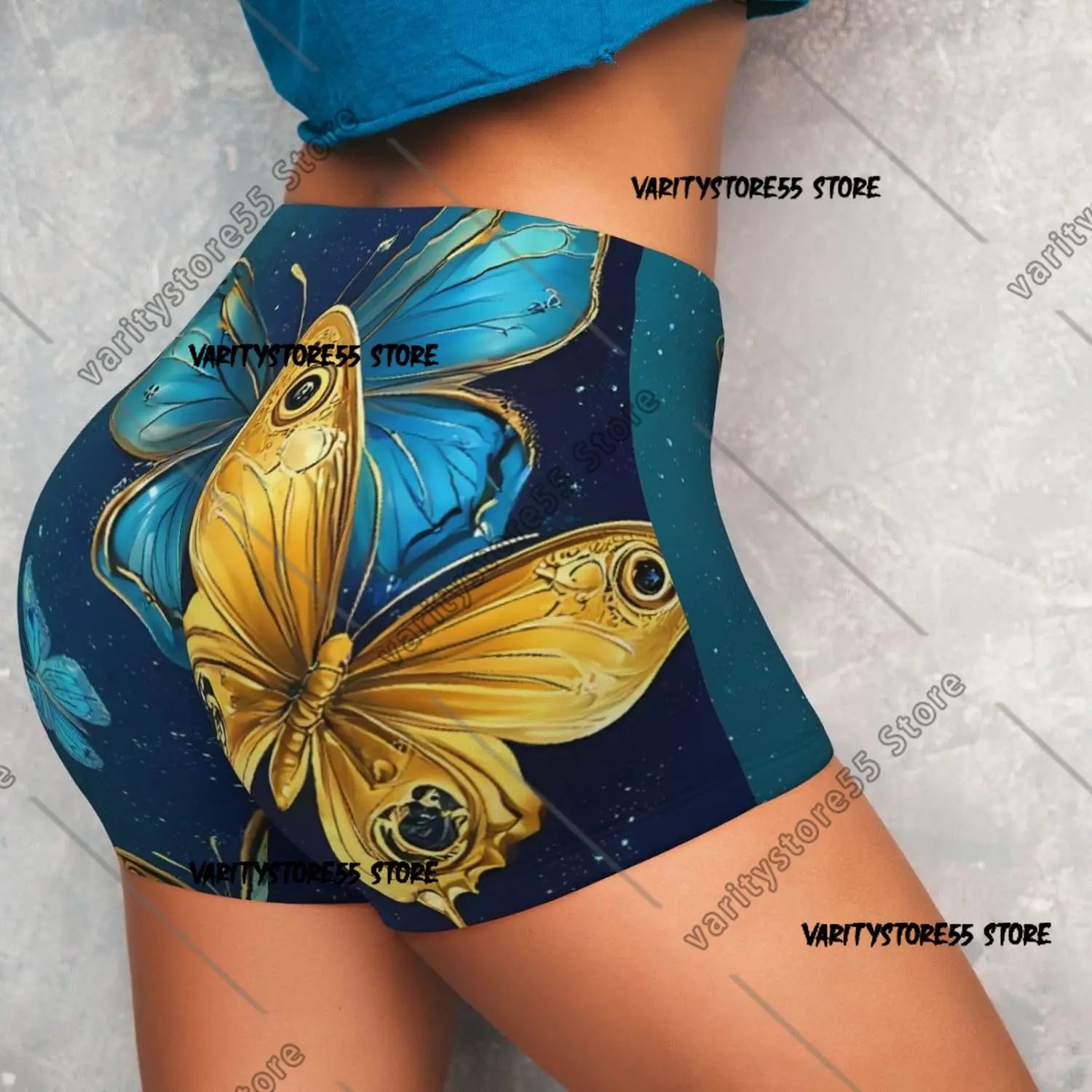شورت للتمرين على شكل فراشات ذهبية زرقاء للنساء، شورت لراكبي الدراجات اليوغا، شورت كونتور لرفع الأرداف