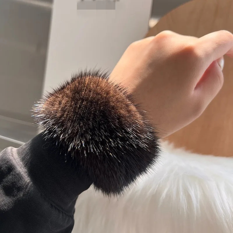 Winter Warm Real Mink Fur Cuff Luxury Arm Warmer Thick Furry Female Hand Ring Wristbands