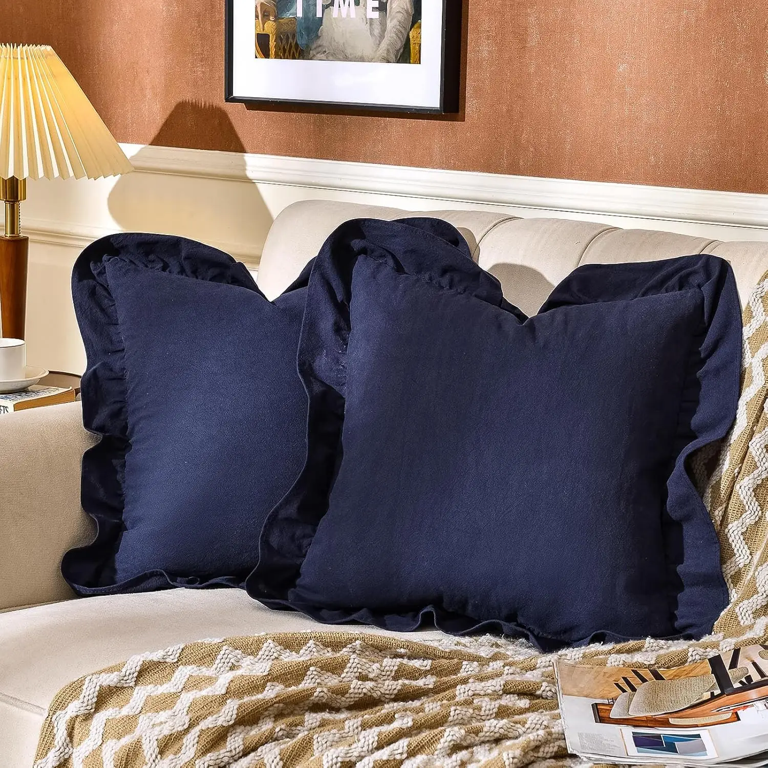 Kissenbezug aus 100 % Baumwolle mit Rüschen, weicher Baumwoll-Rüschen-Kissenbezug, rustikal, Boho-Bauernhaus, moderne Heimdekoration für Bett, Sofa, Wohnzimmer – Detail 9