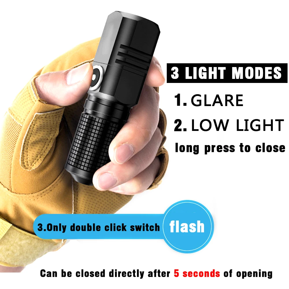 XHP50 LED USB C Sạc Mini 16340 18650 Pin Đèn Pin 1500lm Mạnh Đèn Pin Có Thể Được Đóng Với Một Lần Bấm
