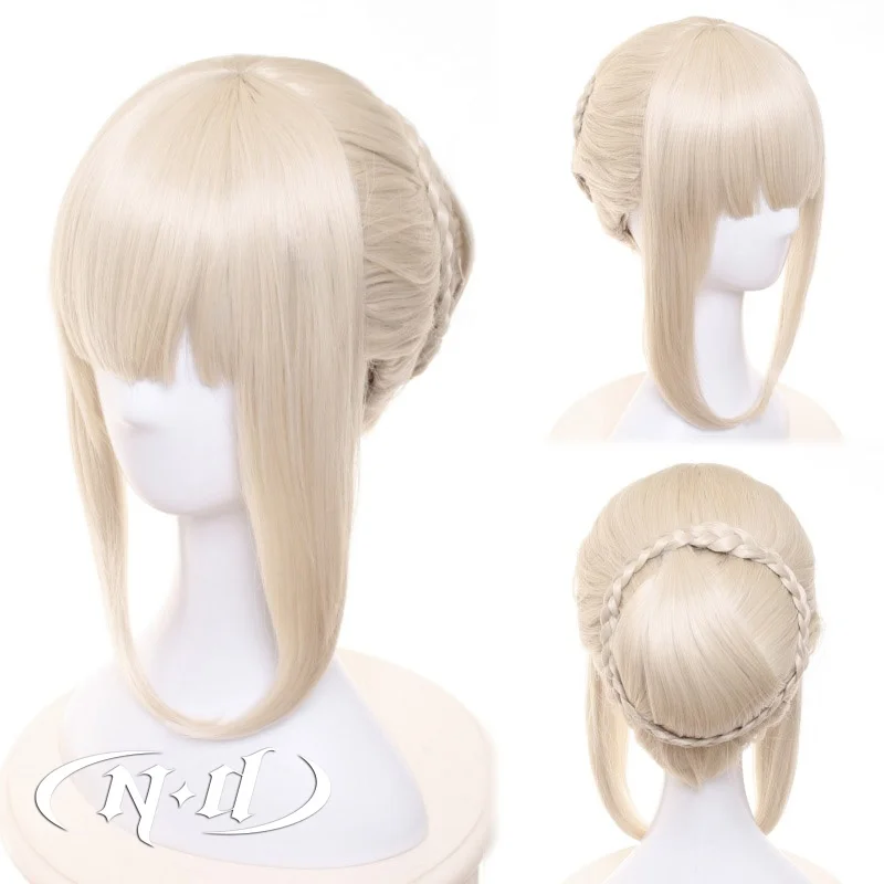 ND Saber Alternative Cosplay Wig Anime Fate/Stay Night Heaven's Feel Long Light Gold Ahoge Disk Cosplay Hair na imprezę Halloween