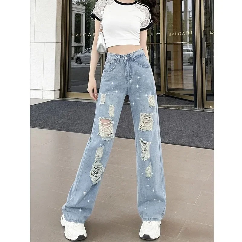 Korean Ladies Fashion High Waist Denim Trousers Summer Women Thin Narrow Cowboy Pantalons Female Solid Color Casual Ripped Jeans