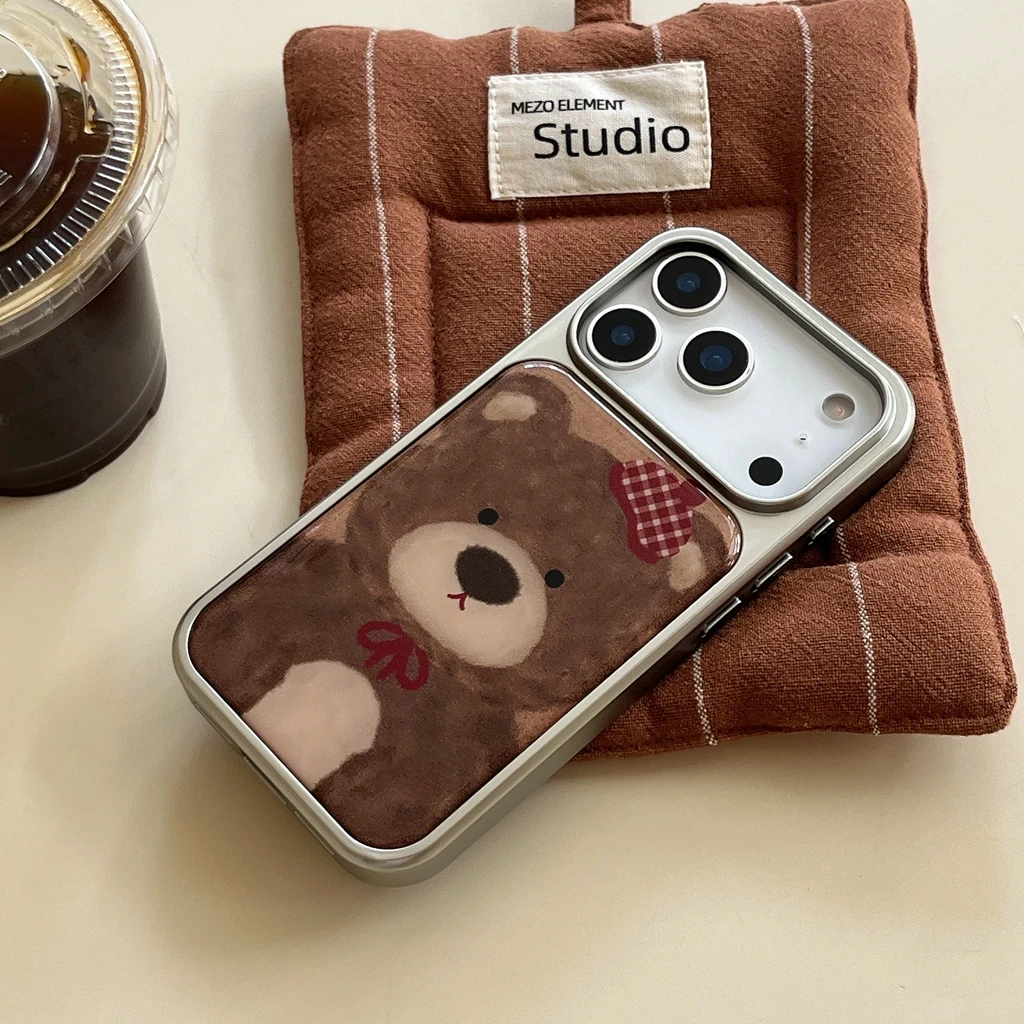 الكرتون لطيف الدب البني الأحمر قبعة Bowknot قطرة الغراء الفضة الحدود صدمة برهان غطاء الهاتف القضية آيفون 17 16 15 14 برو ماكس