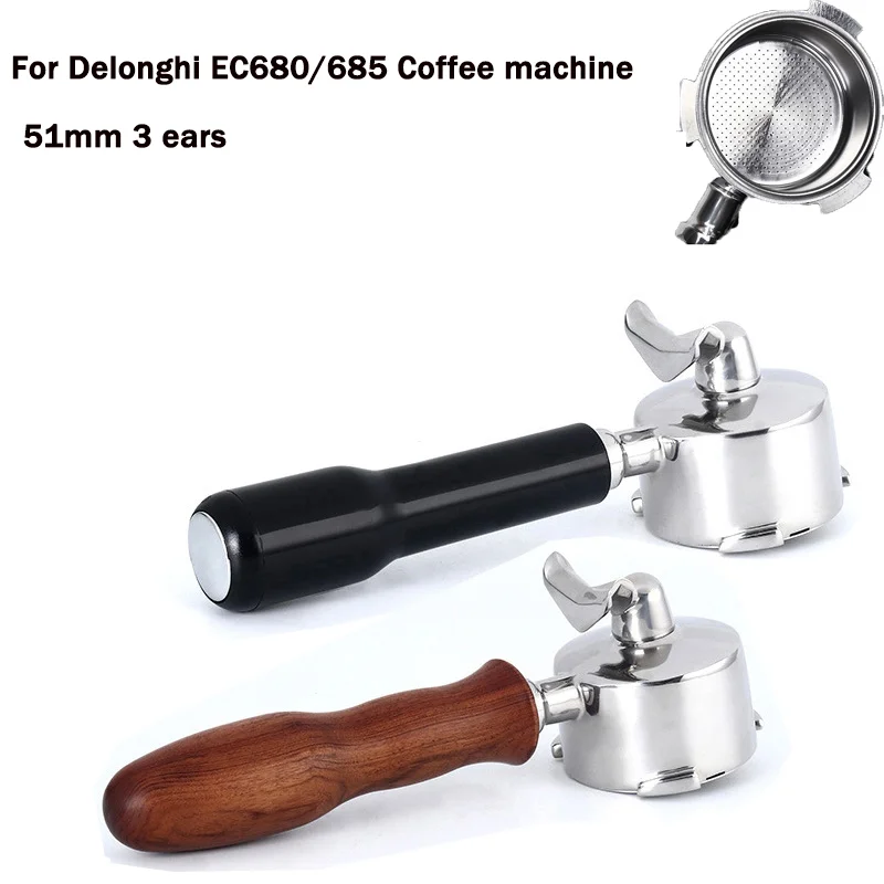 Coffee Portafilter Espresso Machine Accessory, Stainless Steel, Double Mouth, Wood Handle, 51mm, Delonghi EC680, 685