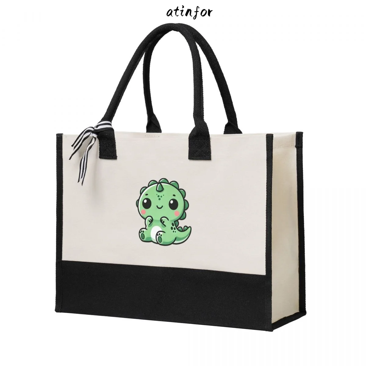 atinfor 43x17x32CM Cute Dino T-Rex Chibi Women Canvas Handbag Lady Beach Shoulder Shopping Casual Beach Bag Large