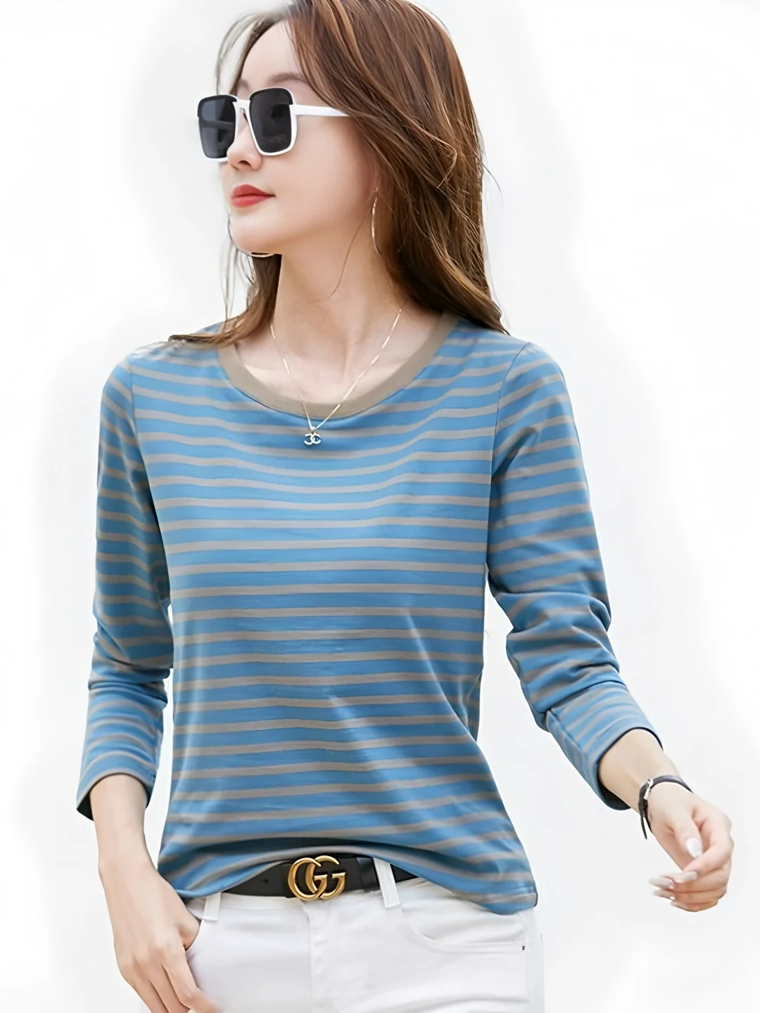 Women's Pure Cotton Long Sleeve Base Shirt Striped Inner Wear T-shirt Loose Fit Fall Season Fashion Retro Style round Neck