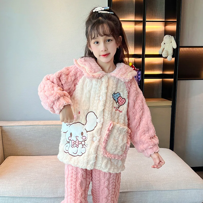 2023 Sanrios Cinnamoroll Kuromi My Melody Children\'s Winter Cute Plush Pajamas Anime Flannel Sleepwear Boy Girl Set Home Clothes