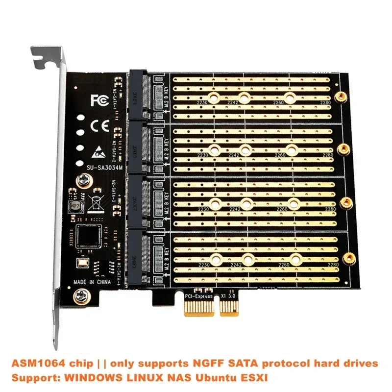 

PCIE to M2 Adapter PCI Express X1 3.0 4 Port B Key M.2 NGFF SATA SSD Adapter PCI-E M.2 Adapter Expansion Card Riser