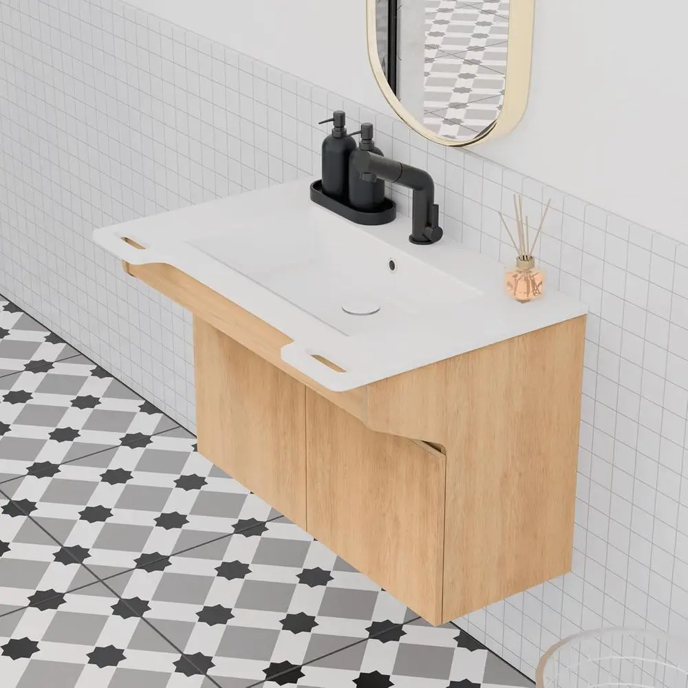 

ADA Compliant Wall-Mounted Stone Resin Vanity with Engineered Wood Cabinet, Floating Design for Seniors and Disabled Support