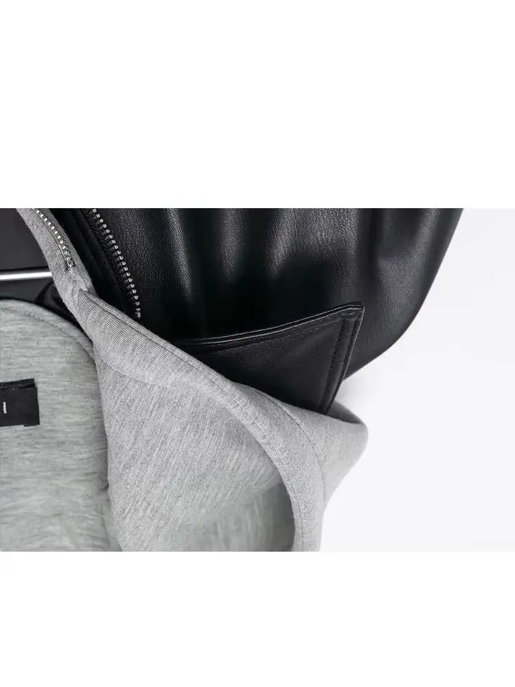 

HH Women’S Autumn New Hooded Fake Two Piece Set Slant Pocket Zipper Splicing Leather Effect Adjustable Hem Short Jacket