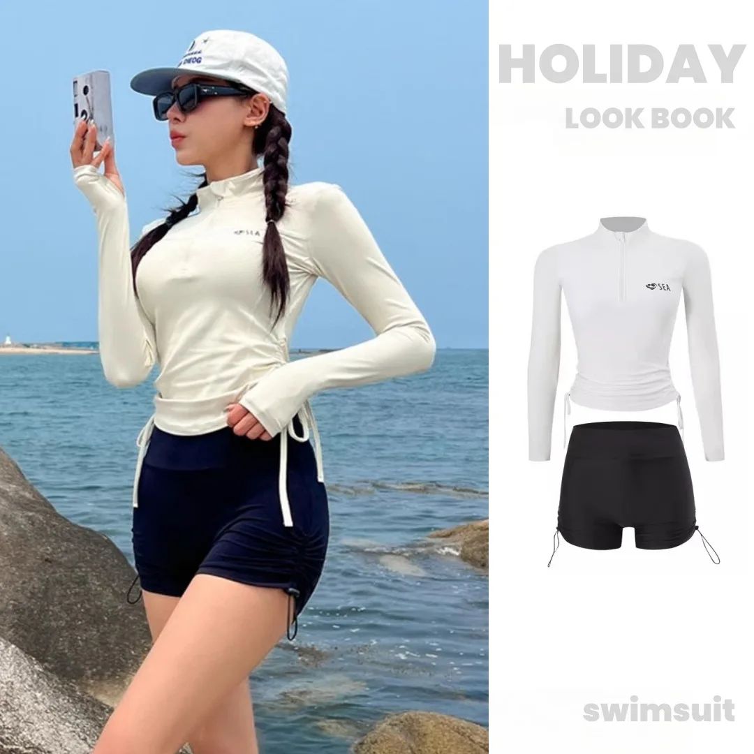 

Korean Version Student Swimsuit, Women's Conservative Long Sleeved Sunscreen Zipper Swimsuit, Sports Wind Speed Dry Split