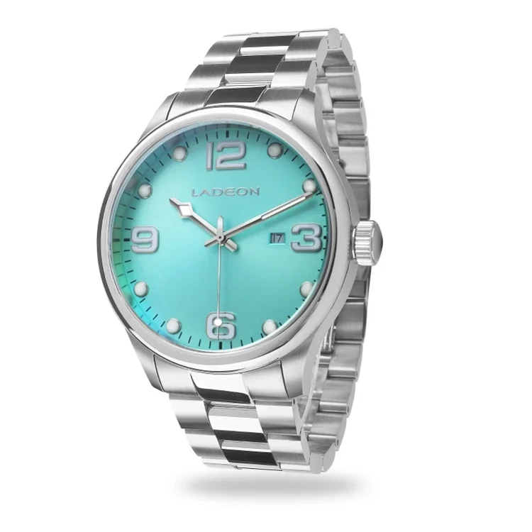 LADEON New Design Waterproof Watches Men Blue Dial Calendar Display Stainless Steel Watch For Man