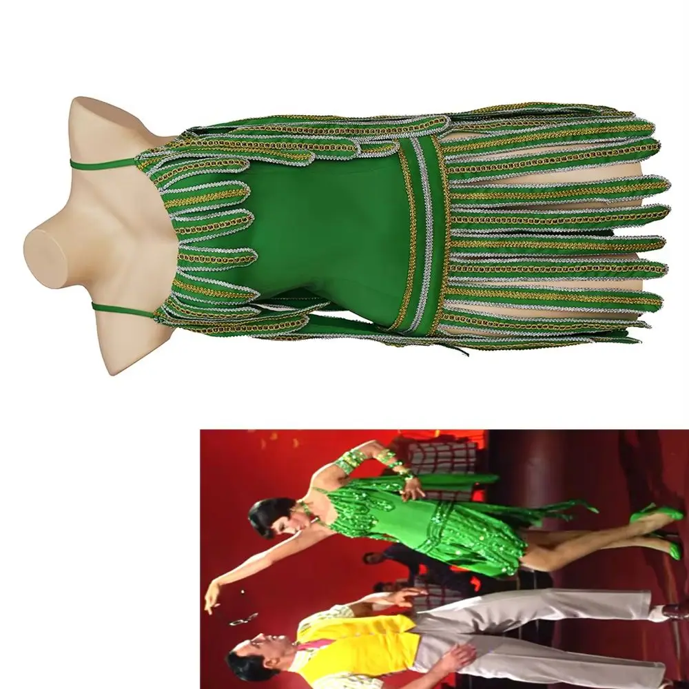 

Movie Cyd Singing in The Rain Cosplay Costume Sexy Green Slip Tassel Mini Dress Musical Tango Dancing Skirt Stage Performance
