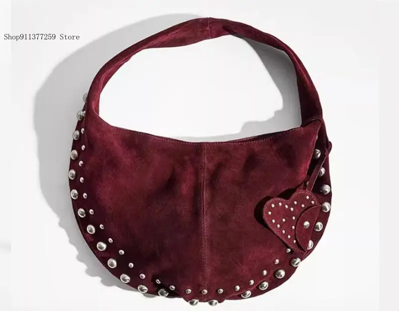Luxury Designer Handbags and Purses Vintage Rivet Shoulder Bag Retro Half Moon Faux Suede Underarm Bags for Women