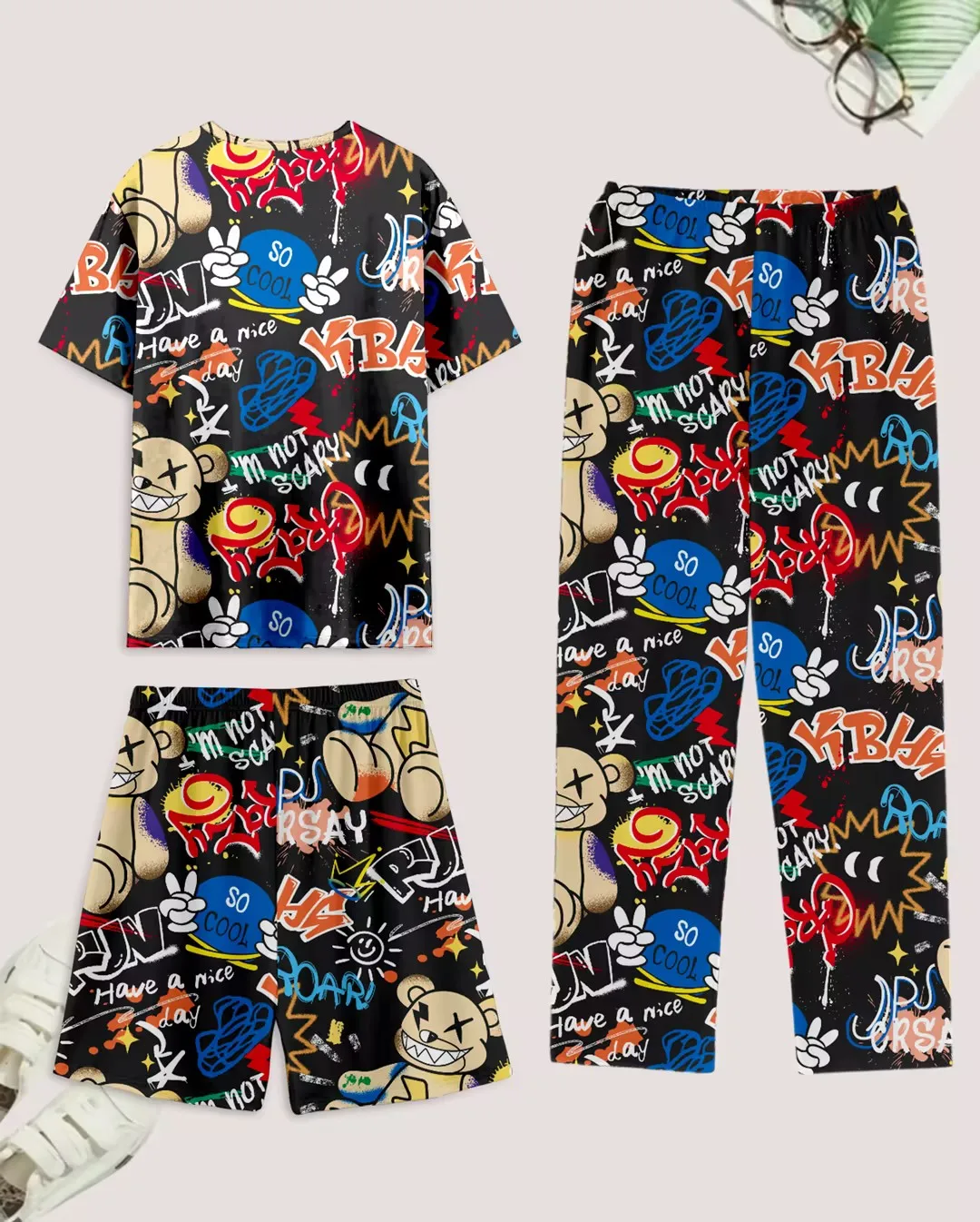 Men's casual pajama set of 3 pieces, bear-print short-sleeved T-shirt, shorts, and pants, comfortable summer clothing