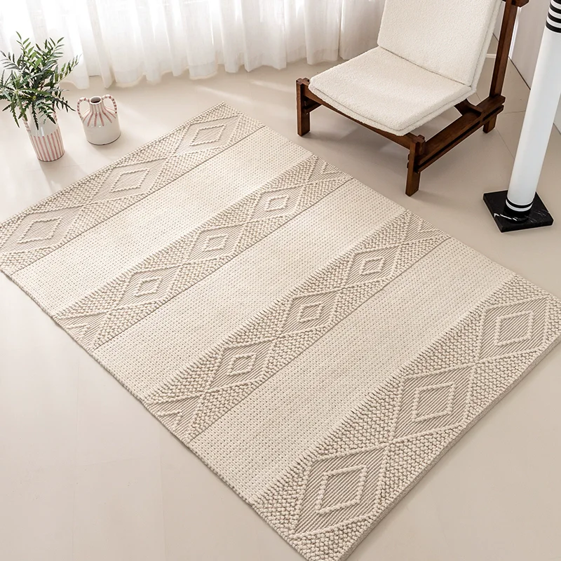 Cream Style Wool Woven Rugs Living Room Eco-Friendly Bedside Carpet Home Decor Sofa Coffee Table Floor Mat Handmade No Glue Rug