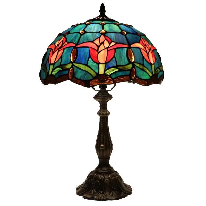 Handmade modern table lamp with domed lampshade stained glass and flower pattern