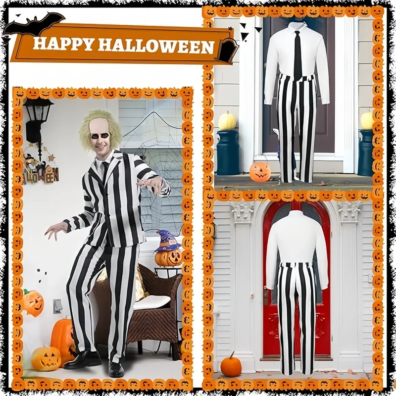 Anime Cosplay Beetle Juicee Uomo Abito a righe bianche e nere Costumi di Halloween spaventosi Camicia con cravatta per parrucca per la festa cosplay
