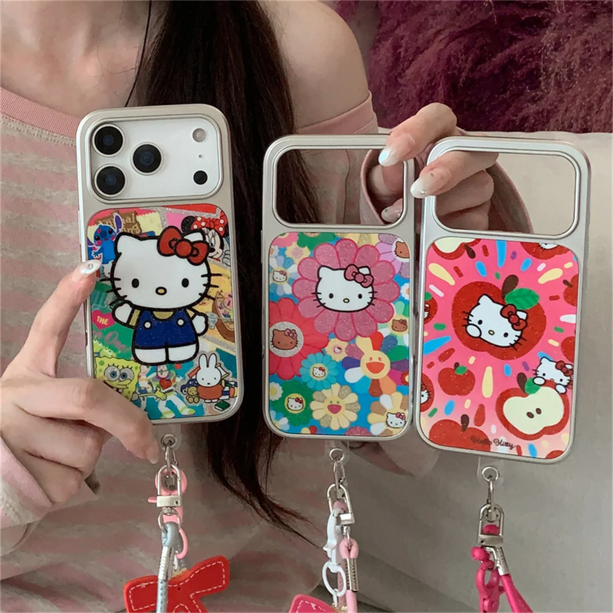 

Korean Rainbow Flower Hellokitty Phone Case For iPhone 17 Pro 15 14 16 Pro Max Cover with Pendant Shockproof Cute Cases